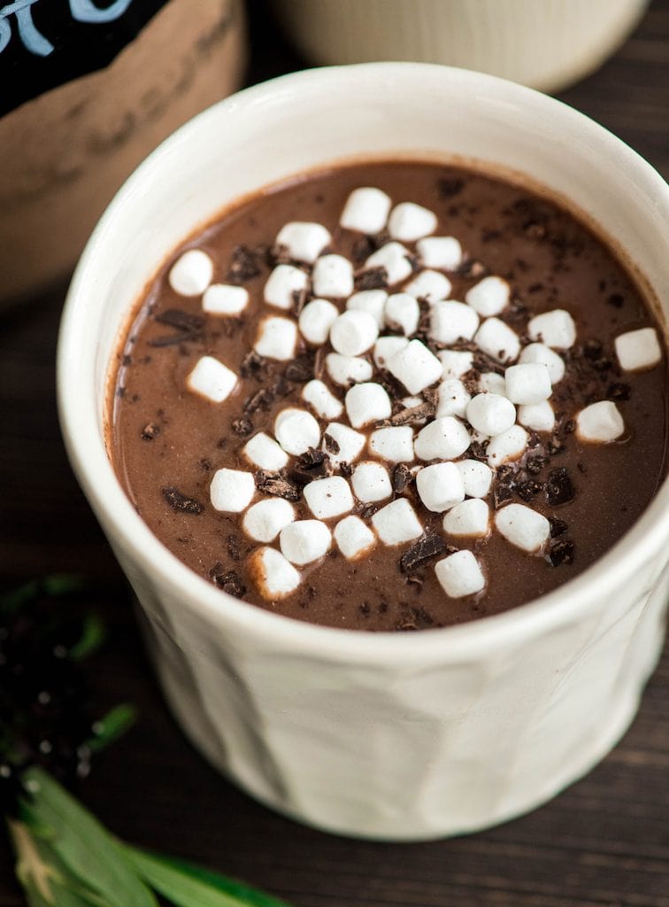 Dairy-Free Homemade Hot Chocolate mix Up close side view of Dairy-Free Homemade Hot Chocolate mix made into hot cocoa topped with mini marshmallows and chocolate shavings