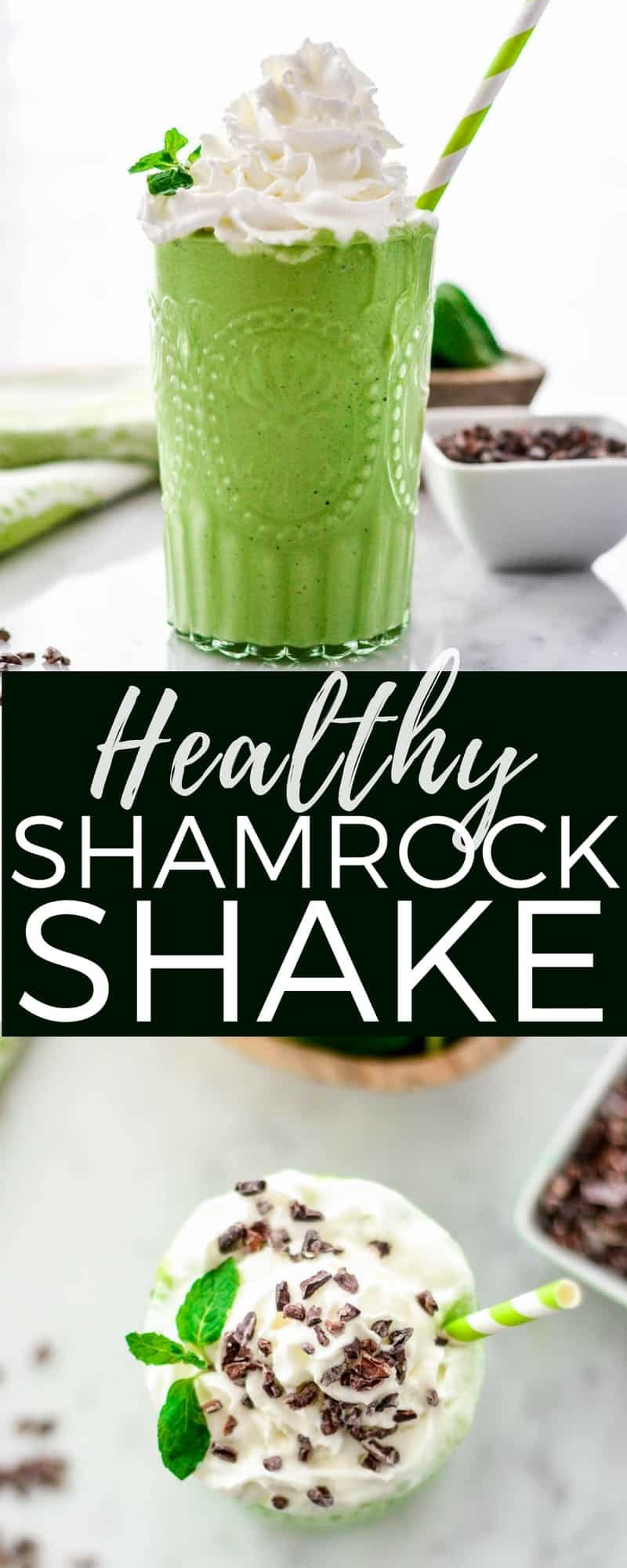 This Healthy Shamrock Shake recipe is made with 8 nutritious ingredients like avocados, spinach & Greek yogurt & is ready in 5 minutes! The perfect St. Patrick's Day treat that's naturally dyed green! No food coloring! #shamrockshake #naturallygreen #nofoodcoloring #healthyrecipe #stpatricksday