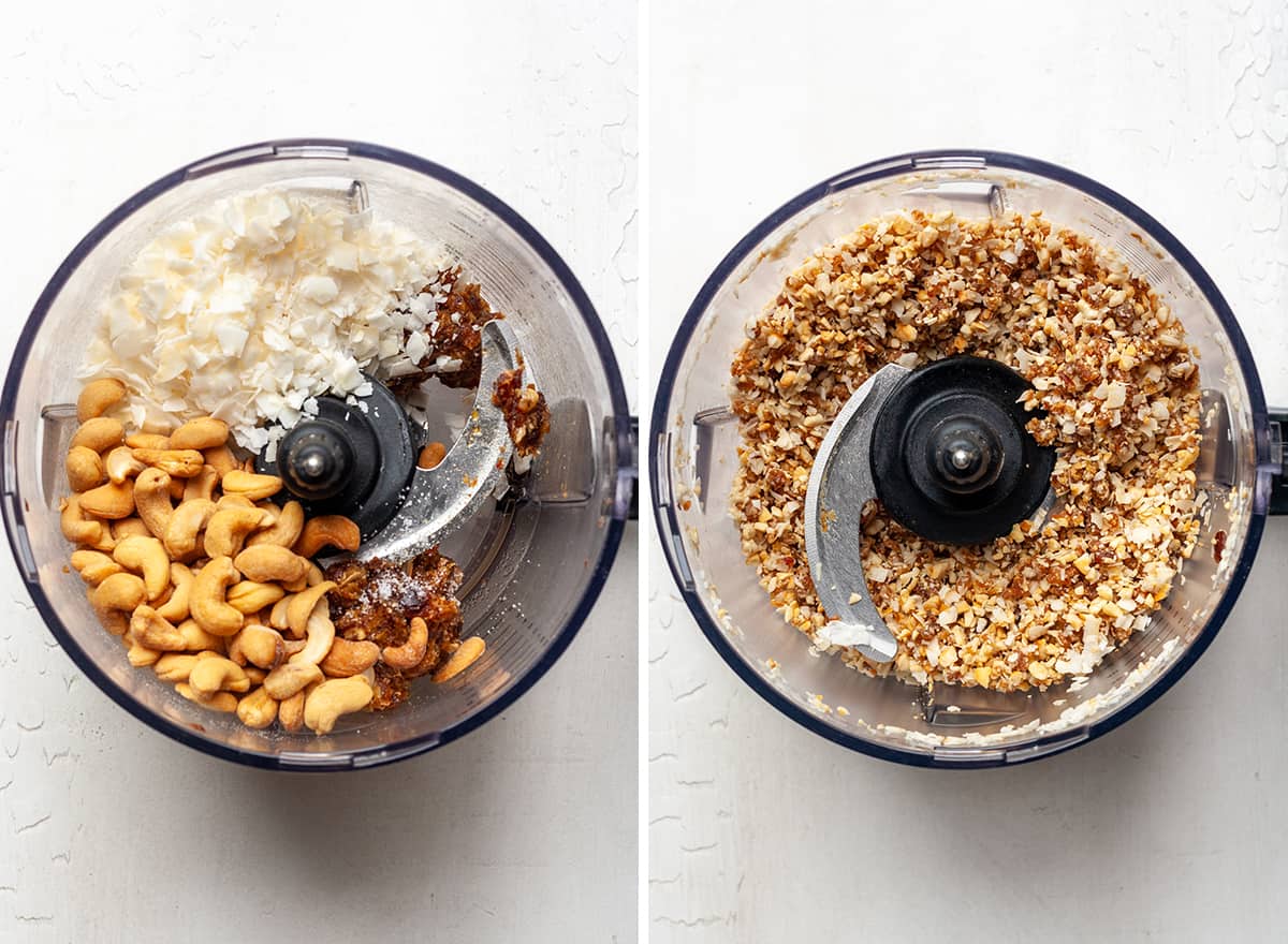 two overhead photos showing how to make Coconut Date Balls in a food processor fitted with an "S" blade