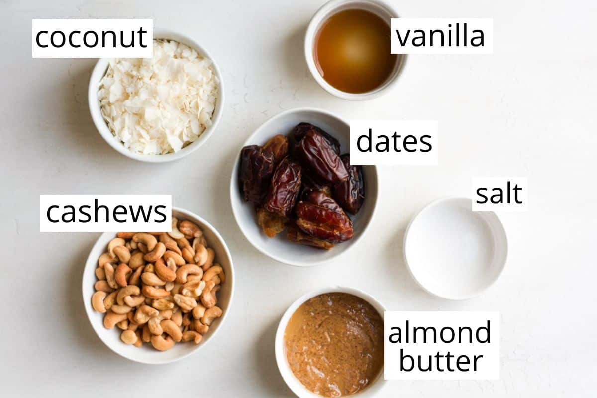 overhead photo of the labeled ingredients in this Cashew Coconut Date Balls recipe