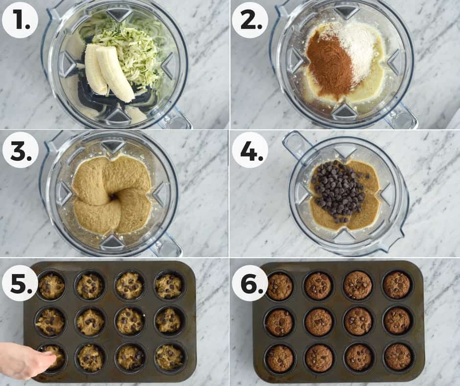 Collage of the process of making Paleo Zucchini Banana Muffins. Six overhead shots, four in the blender and two in the muffin tin, of the steps of making this Paleo Zucchini Banana Muffins recipe