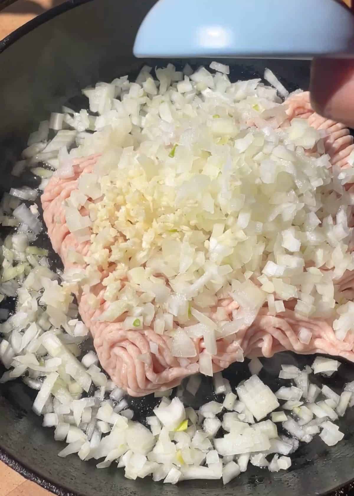 making lettuce wraps recipe - raw ground chicken, onion and minced garlic in a cast iron skillet before cooking