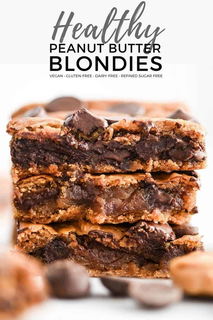These Healthy Peanut Butter Blondies are gluten-free, dairy-free, refined-sugar free and vegan friendly! Made with chickpeas but you’d never know it! It’s the perfect healthy dessert recipe that you can feel great about indulging in! #blondies #peanutbutter #healthy #recipe #baking #glutenfree #dairyfree #vegan #refinedsugarfree