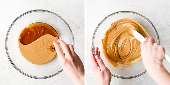 Two overhead photos of a glass mixing bowl on a white surface, the left shows a hand pouring vanilla into the bowl that has peanut butter and honey in it already, the right shows hands stirring the ingredients with a white spatula to make these No-Bake Oatmeal Bars