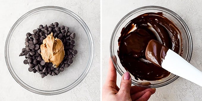 two overhead photos of a small glass bowl, the left shows unmelted chocolate chips and a glob of peanut butter, the right shows a spatula stirring the melted chocolate peanut butter mixture