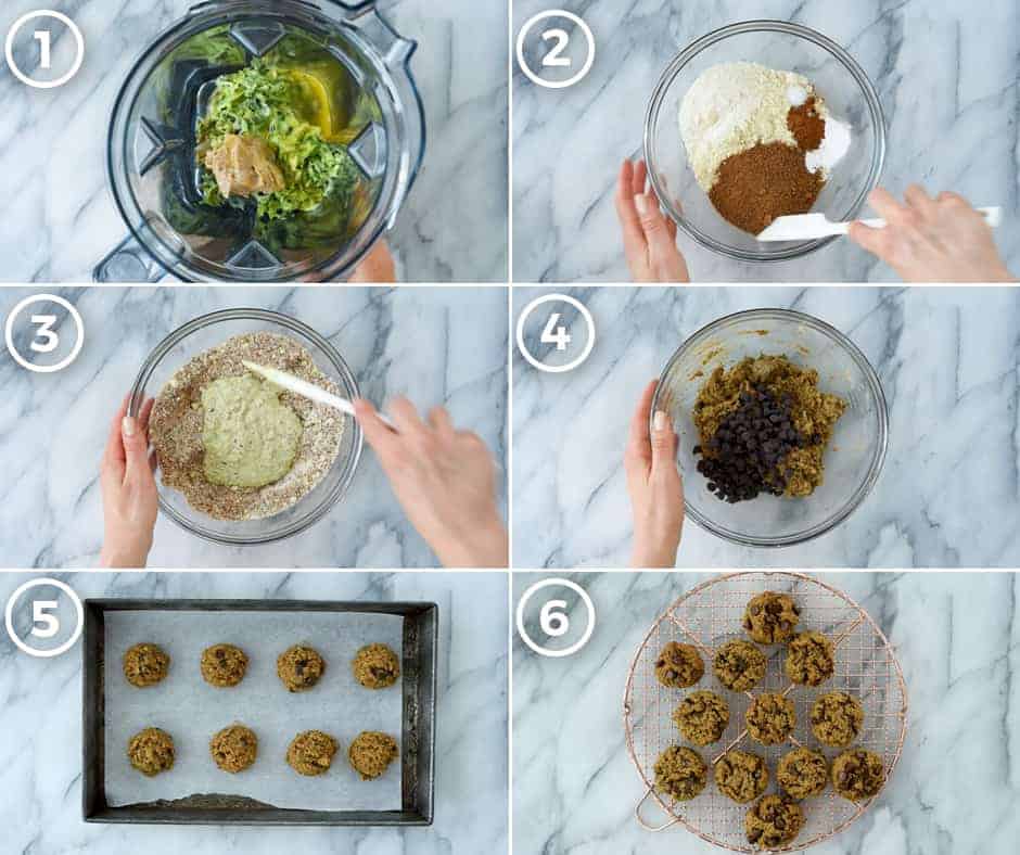 Overhead view of a collage of six step-by-step photos to show how to make Paleo Zucchini Cookies