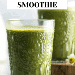 2 green smoothies which one is slightly higher than the other.