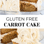 2 photos of carrot cake. The top has a slice cut out and the bottom is a slice that is cut out.