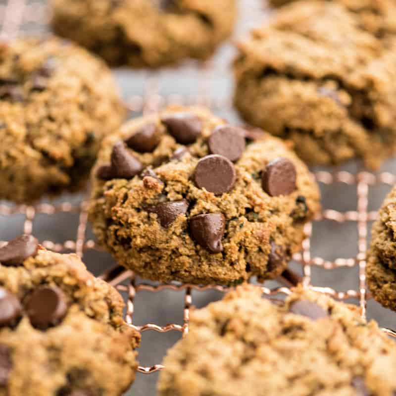 Front view of 7 healthy Zucchini Cookies on a cooling rack