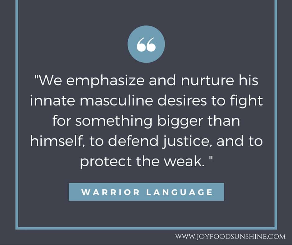 On Raising Sons: Using Warrior language nurtures his innate masculine desires to fight for something bigger than himself, to defend justice, and to protect the weak.