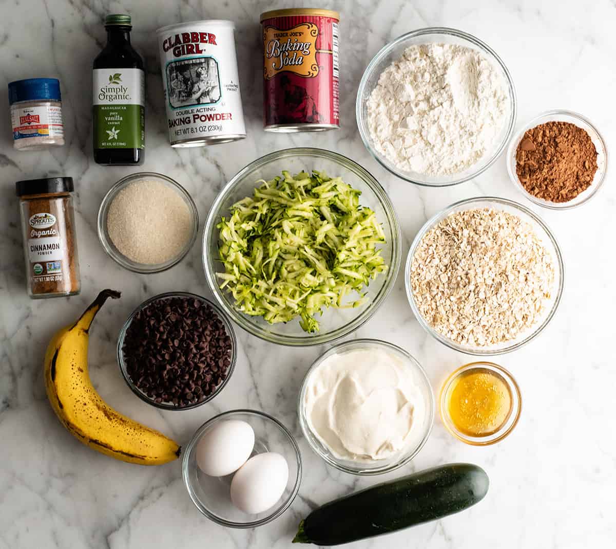 overhead photo of the ingredients in this Healthy Chocolate Zucchini Muffins recipe