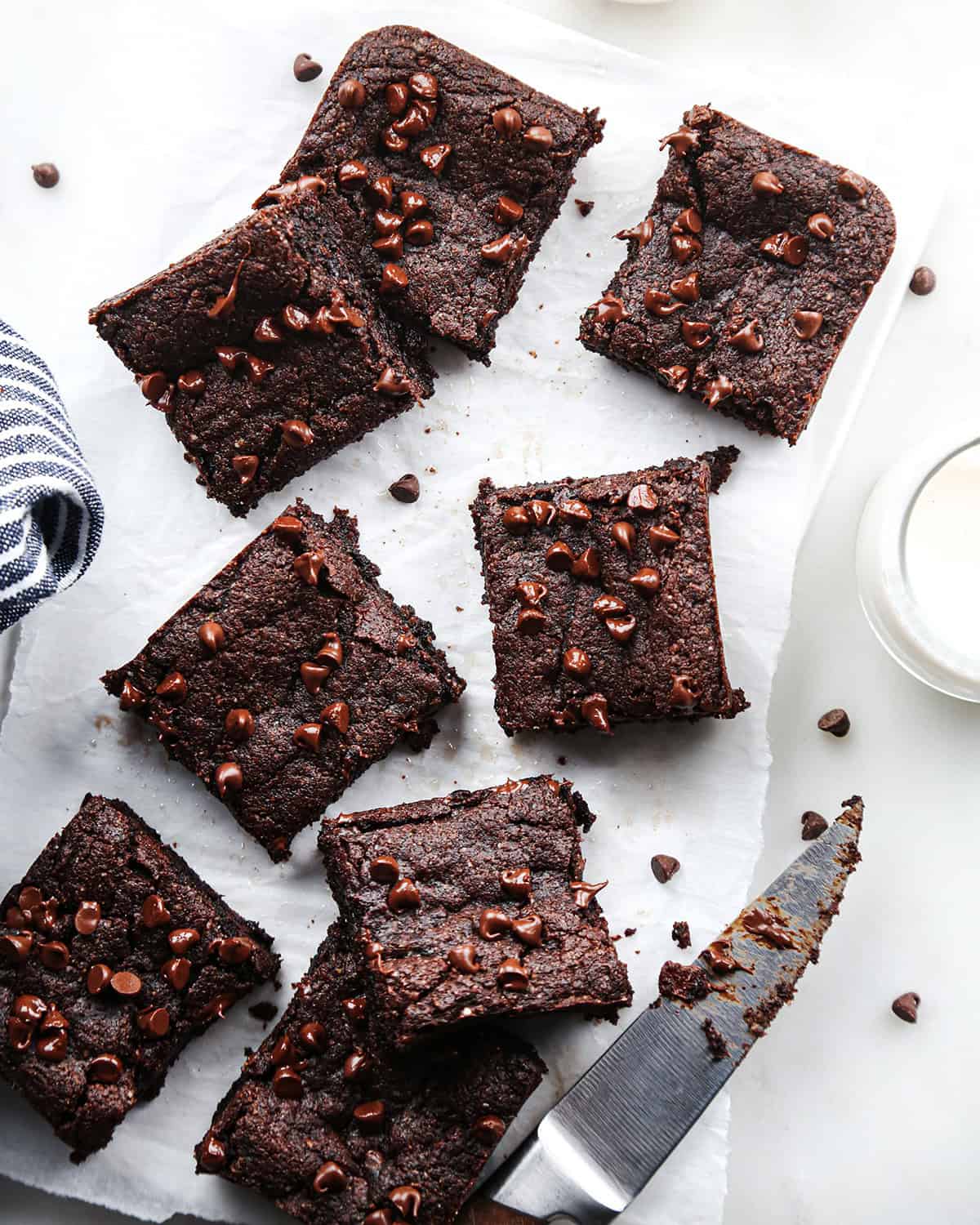 Overhead photo of 8 Paleo Brownies cut into squares