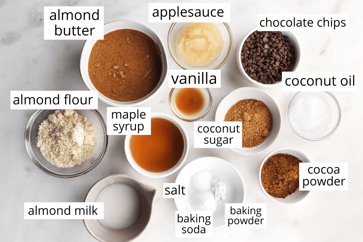 overhead photo of the labeled ingredients in this paleo brownie recipe