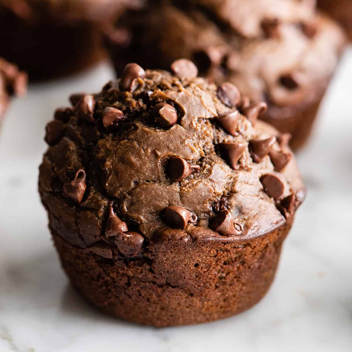 front view of a healthy chocolate zucchini muffin with chocolate chips
