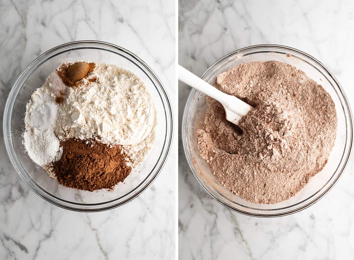 two overhead photos showing how to make healthy chocolate zucchini muffins - mixing the dry ingredients