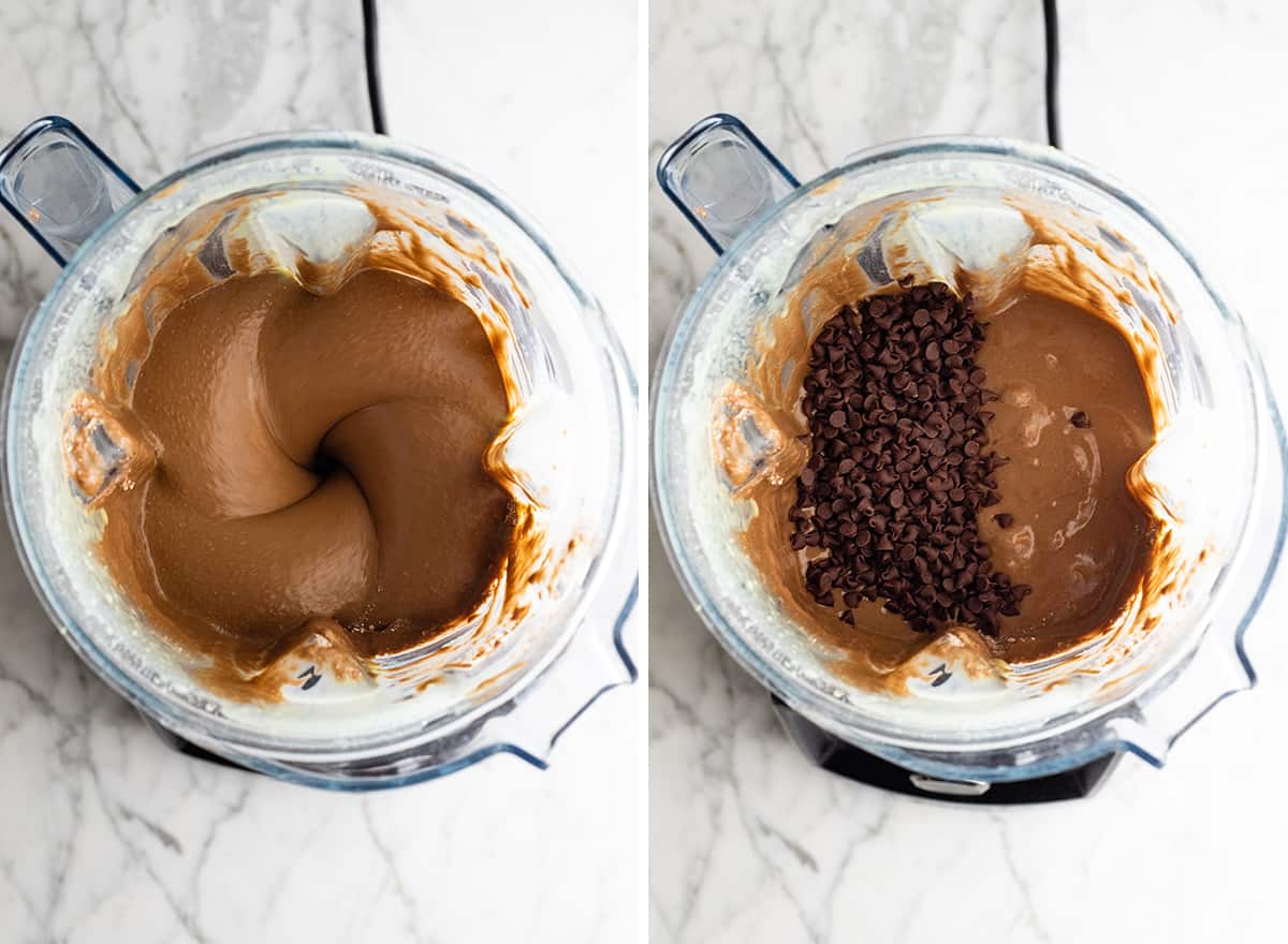 two overhead photos showing how to make healthy chocolate zucchini muffins  in a blender- adding chocolate chips