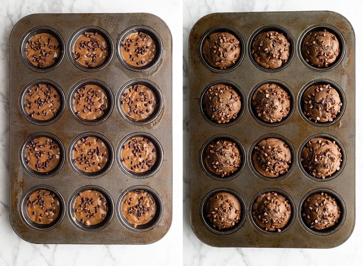 two overhead photos showing how to make healthy chocolate zucchini muffins - before and after baking in a muffin tin
