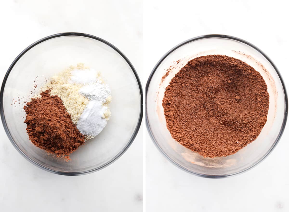 two photos showing how to make Fudgy Paleo Brownies - mixing dry ingredients