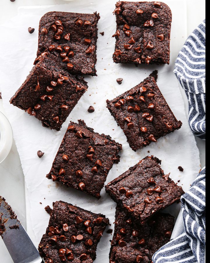 Overhead photo of 8 Paleo Brownies cut into squares