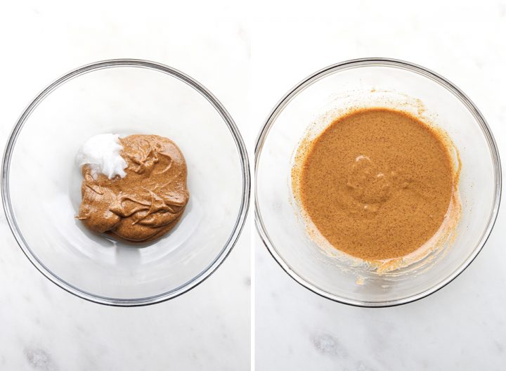 two photos showing how to make Fudgy Paleo Brownies - mixing wet ingredients