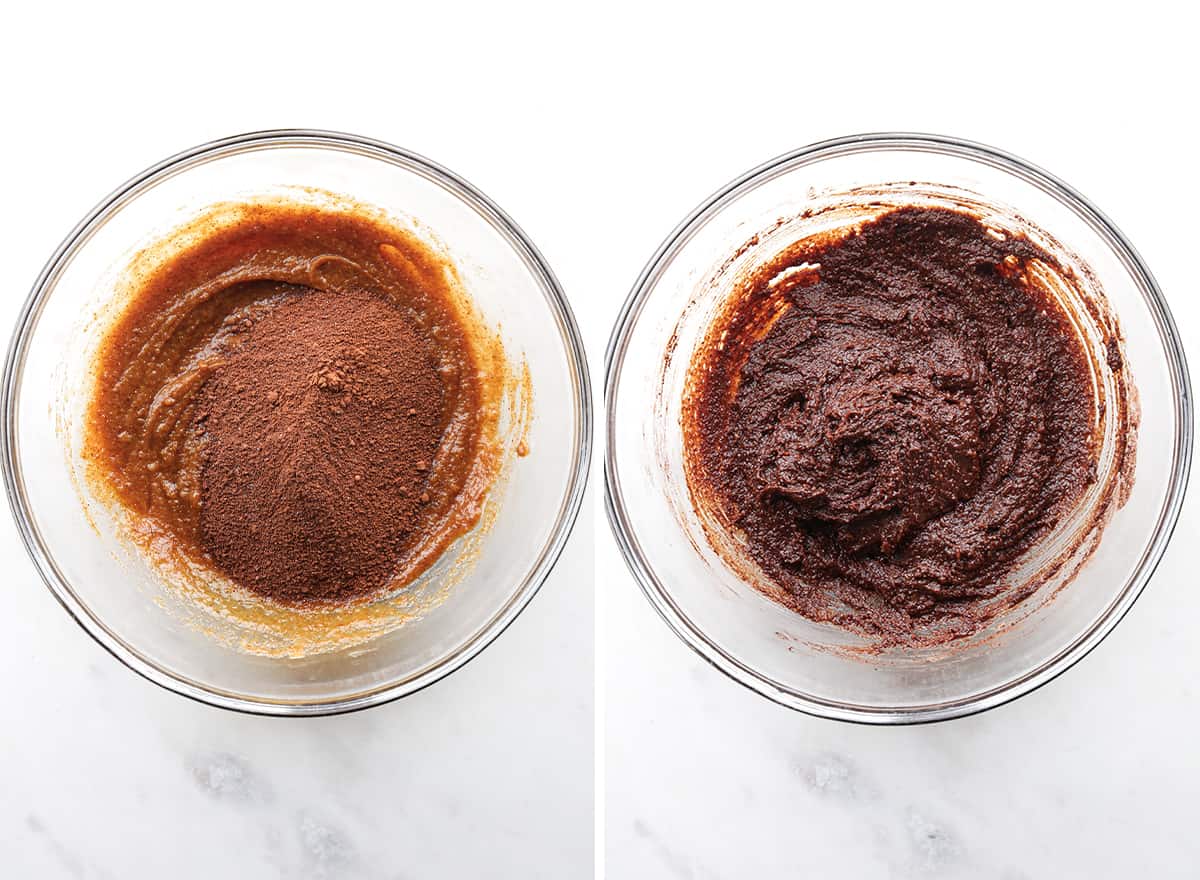 two photos showing how to make Fudgy Paleo Brownies combining wet & dry ingredients