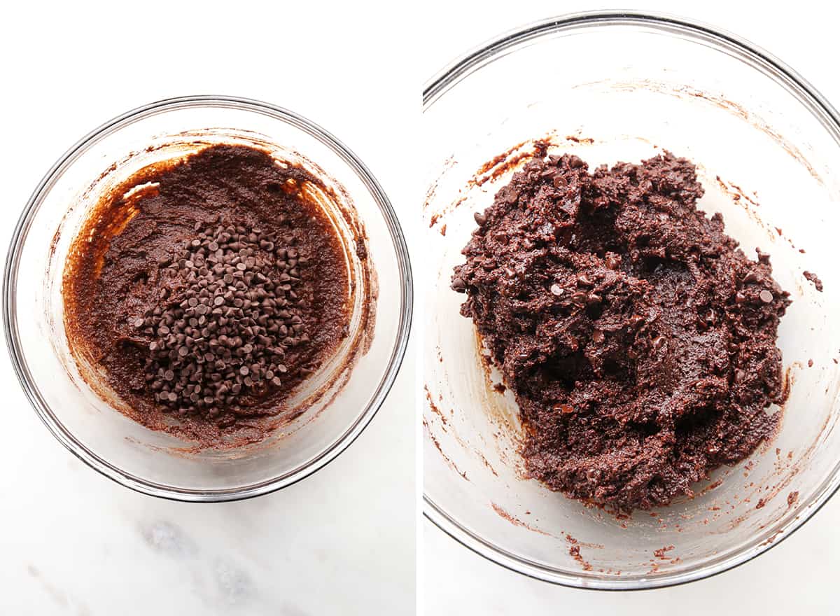 two photos showing how to make Fudgy Paleo Brownies adding chocolate chips