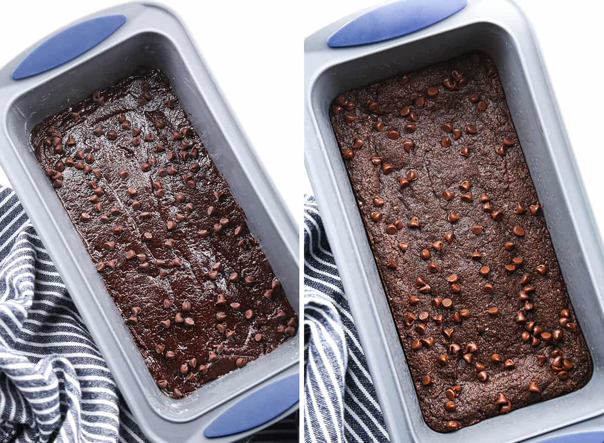 two photos showing how to make Fudgy Paleo Brownies baking