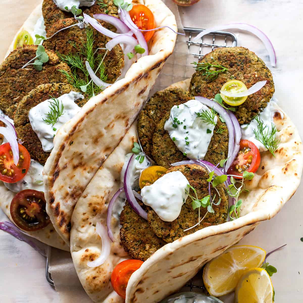 overhead view of baked falafel in pita bread
