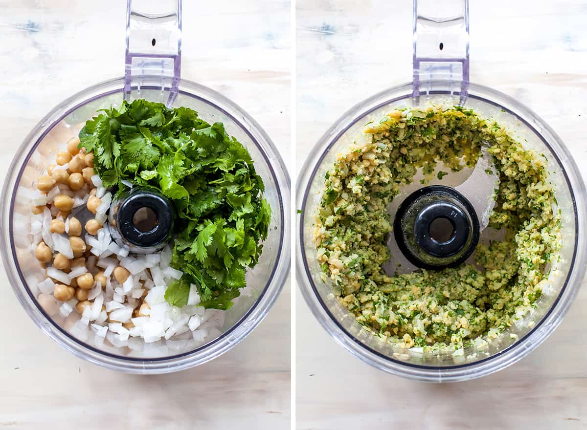 two overhead photos showing how to make falafel