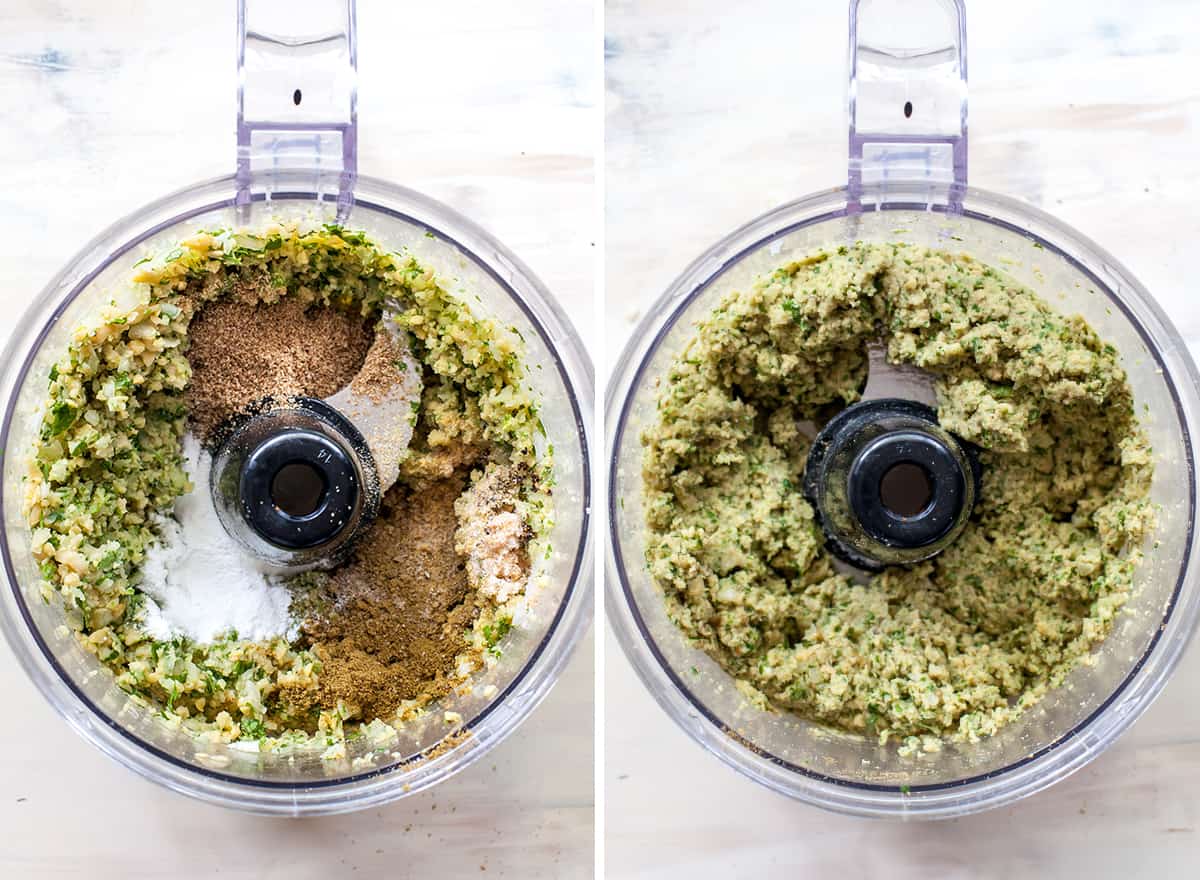 two overhead photos showing how to make baked falafel