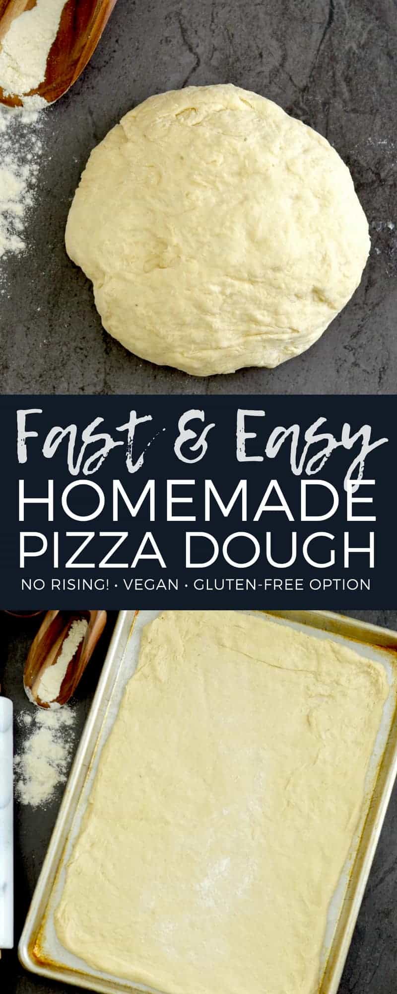 This Easy Homemade Pizza Dough recipe yields the best ever homemade pizza in 30 minutes FLAT! It’s made with only 5 ingredients and does not require any rising! Plus it is vegan with a gluten-free option! #pizzadough #vegan #glutenfree #homemade #easy #norising #homeamdepizza #pizza