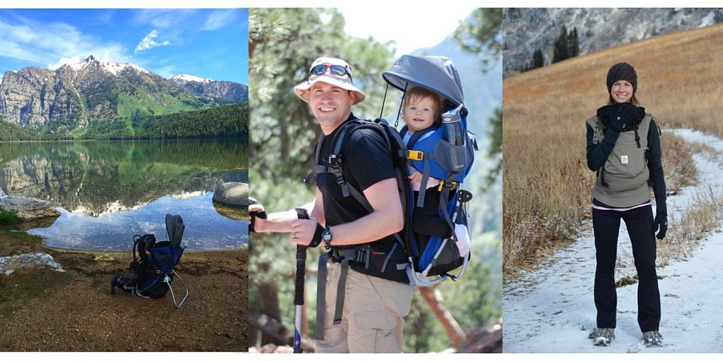 Mom & dad carrying babies while hiking in the mountains in The Complete Guide to Hiking with Kids