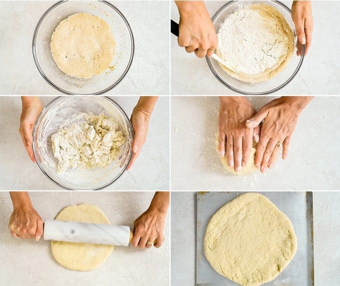 A collage of six photos showing the step-by-step process in making this Easy Homemade Pizza Dough recipe (from overhead views)