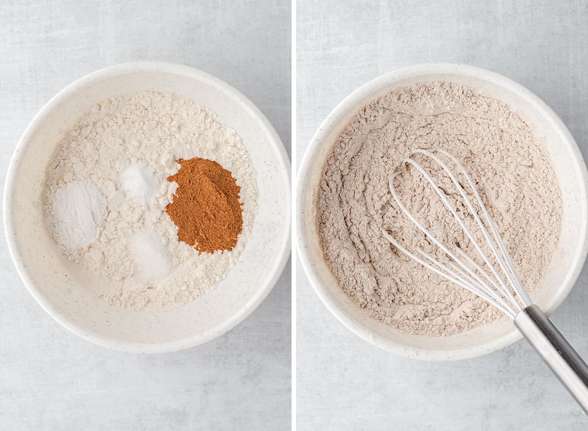 two photos showing how to make blueberry zucchini bread - mixing dry ingredients 
