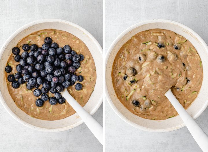 two photos showing how to make blueberry zucchini bread - folding in the blueberries