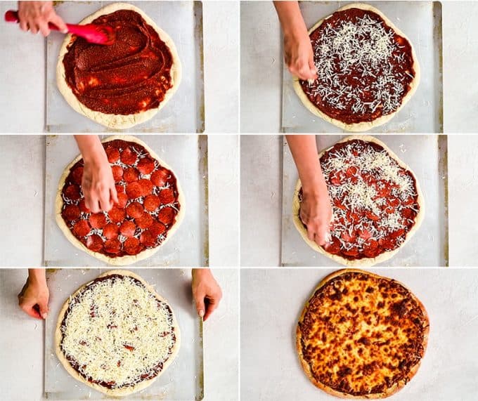 overhead view of a collage of six photos showing the step-by-step process in making homemade pizza using Easy Homemade Pizza Dough recipe
