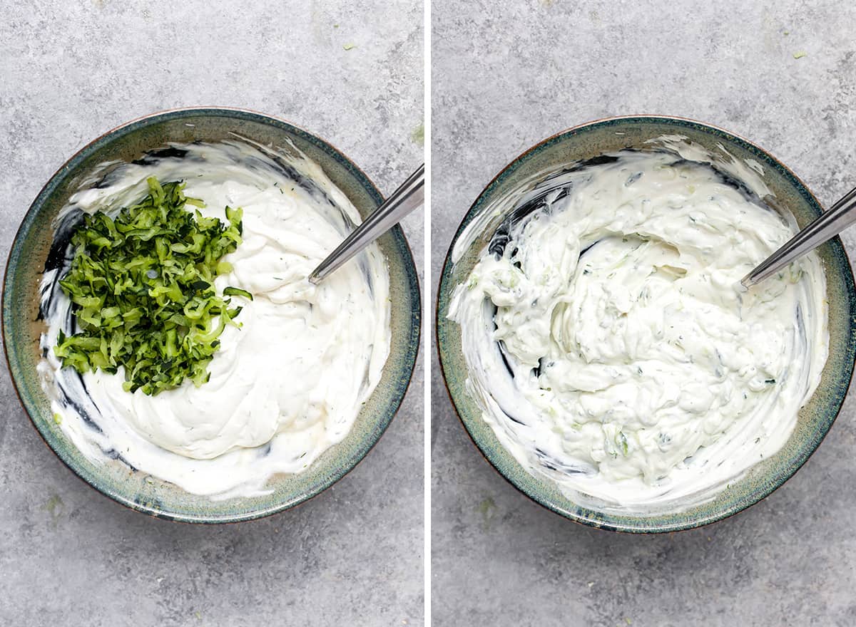 two overhead photos showing how to make tzatziki sauce