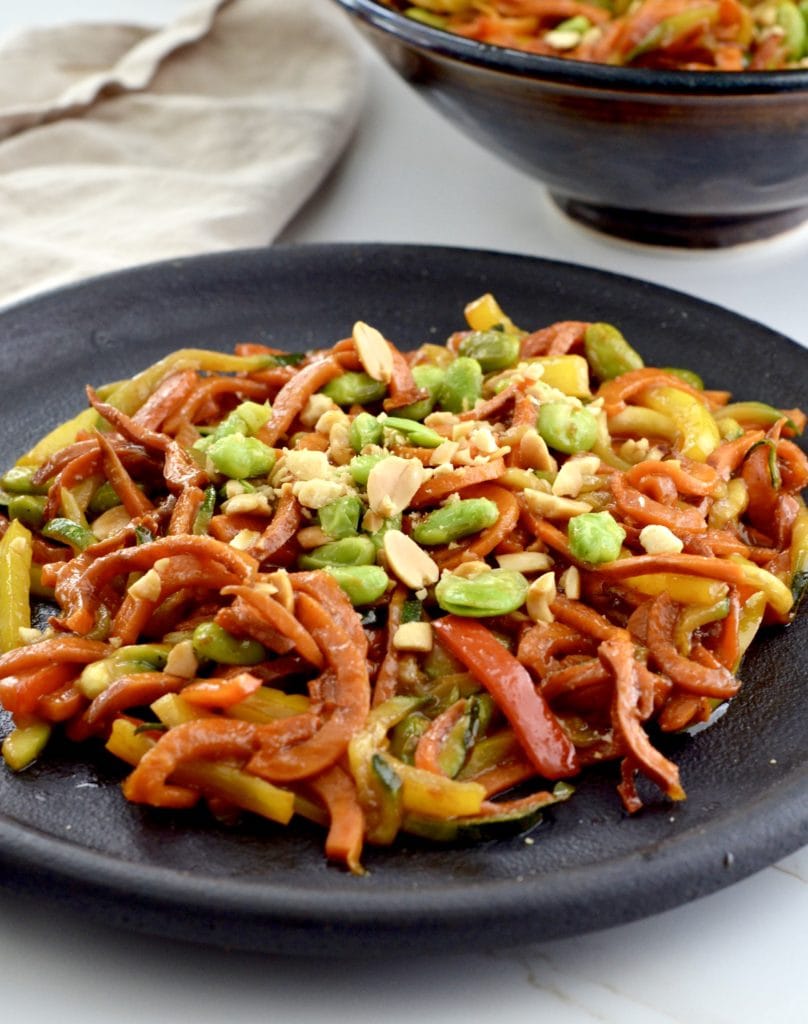 Front view of a plate of Spiralized Sweet Potato Stir Fry