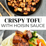 Overview of crispy tofu stir-fry with hoisin sauce in a pan and on a plate.