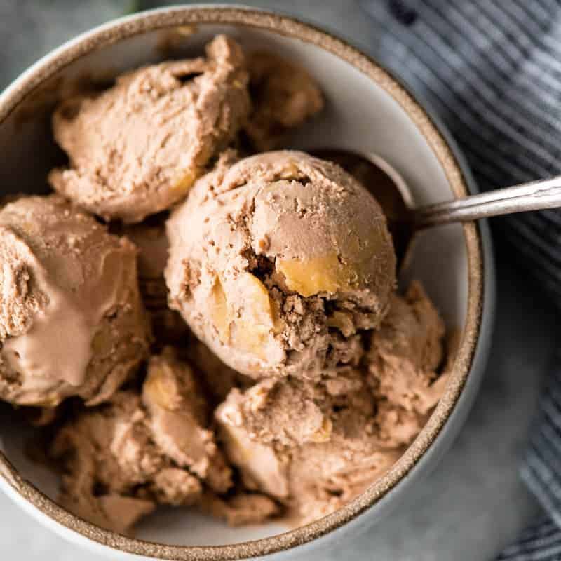 Overhead view of a bowl of dairy-free chocolate peanut butter ice cream