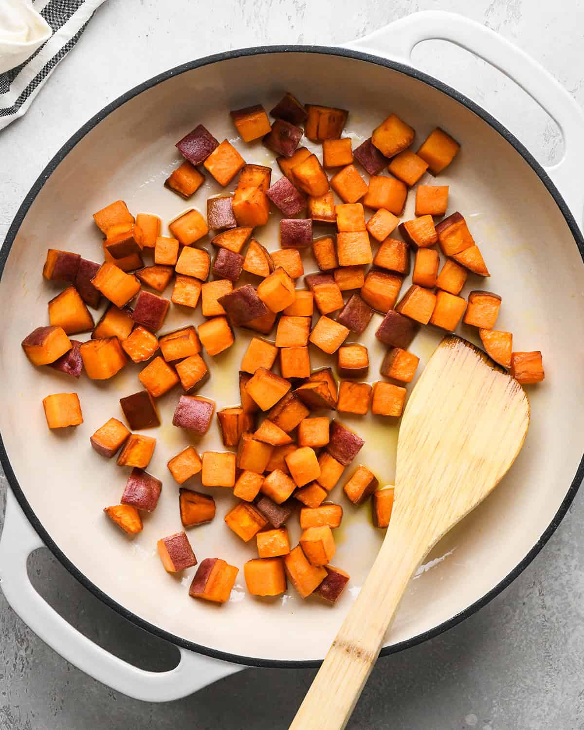 how to make Sweet Potato Stir Fry - sweet potatoes in a pan after cooking 