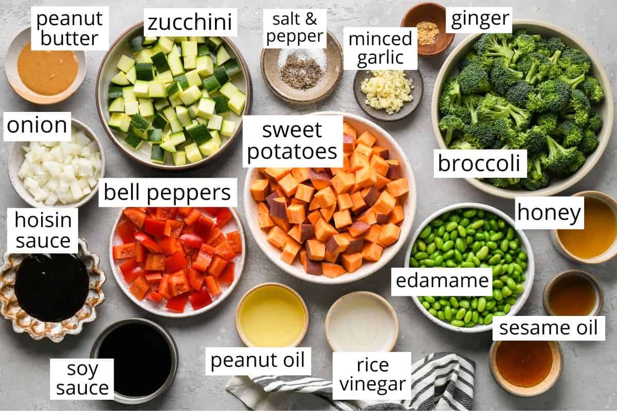 overhead photo of the labeled ingredients in this Sweet Potato Stir Fry recipe