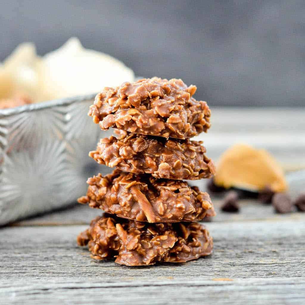 Front view of a stack of three Healthy No-Bake Chocolate Peanut Butter Cookies 