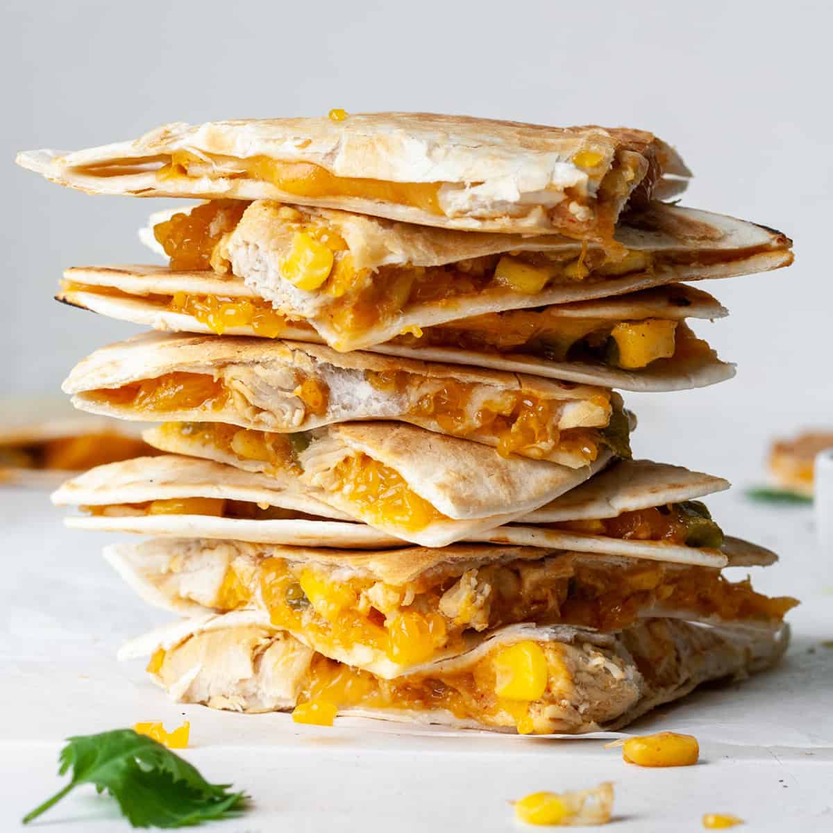 front view of a stack of 8 pieces of chicken quesadilla