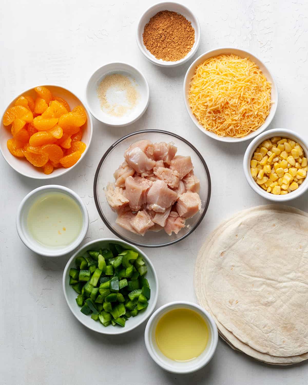 overhead view of the ingredients in this chicken quesadilla recipe
