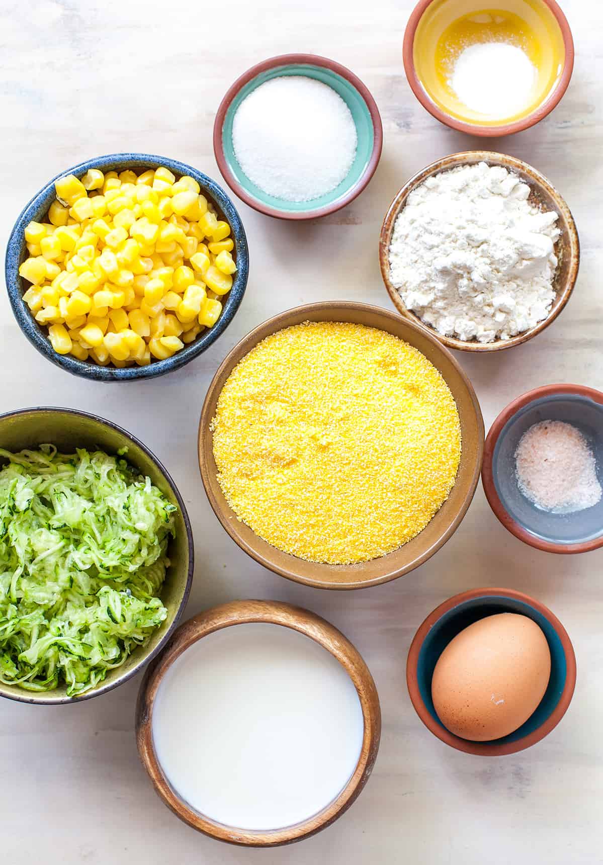 overhead view of the ingredients in this baked zucchini fritters recipe