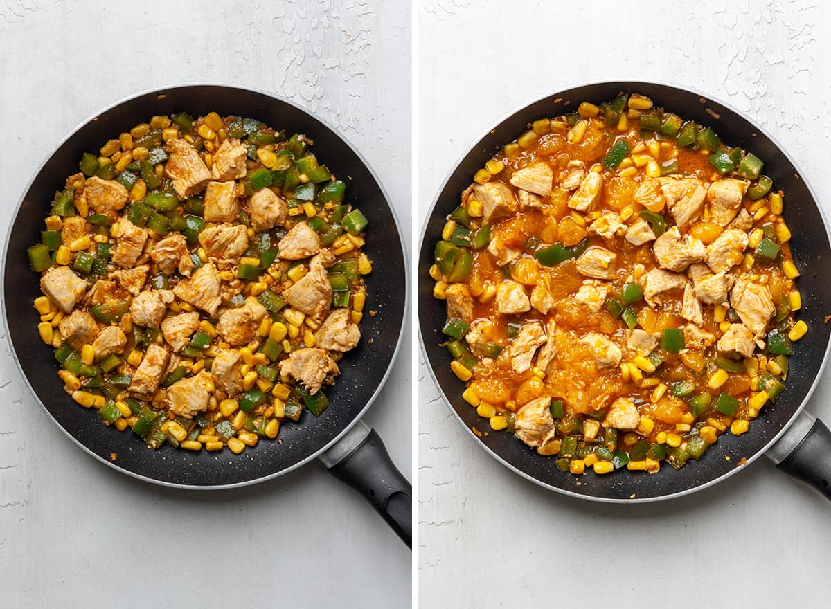 two overhead photos showing How to Make Chicken Quesadilla filling 