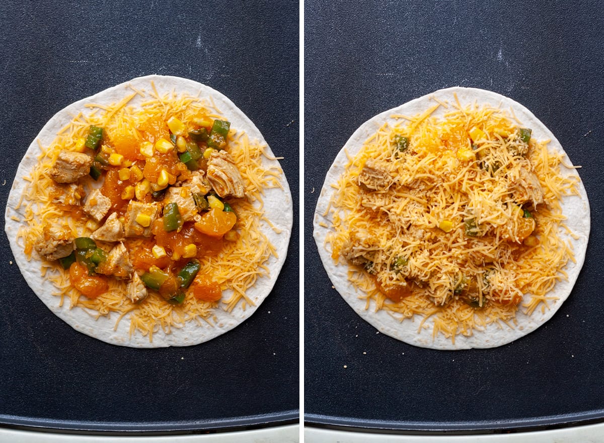 two photos showing How to Make Chicken Quesadillas - adding two layers of cheese & filling