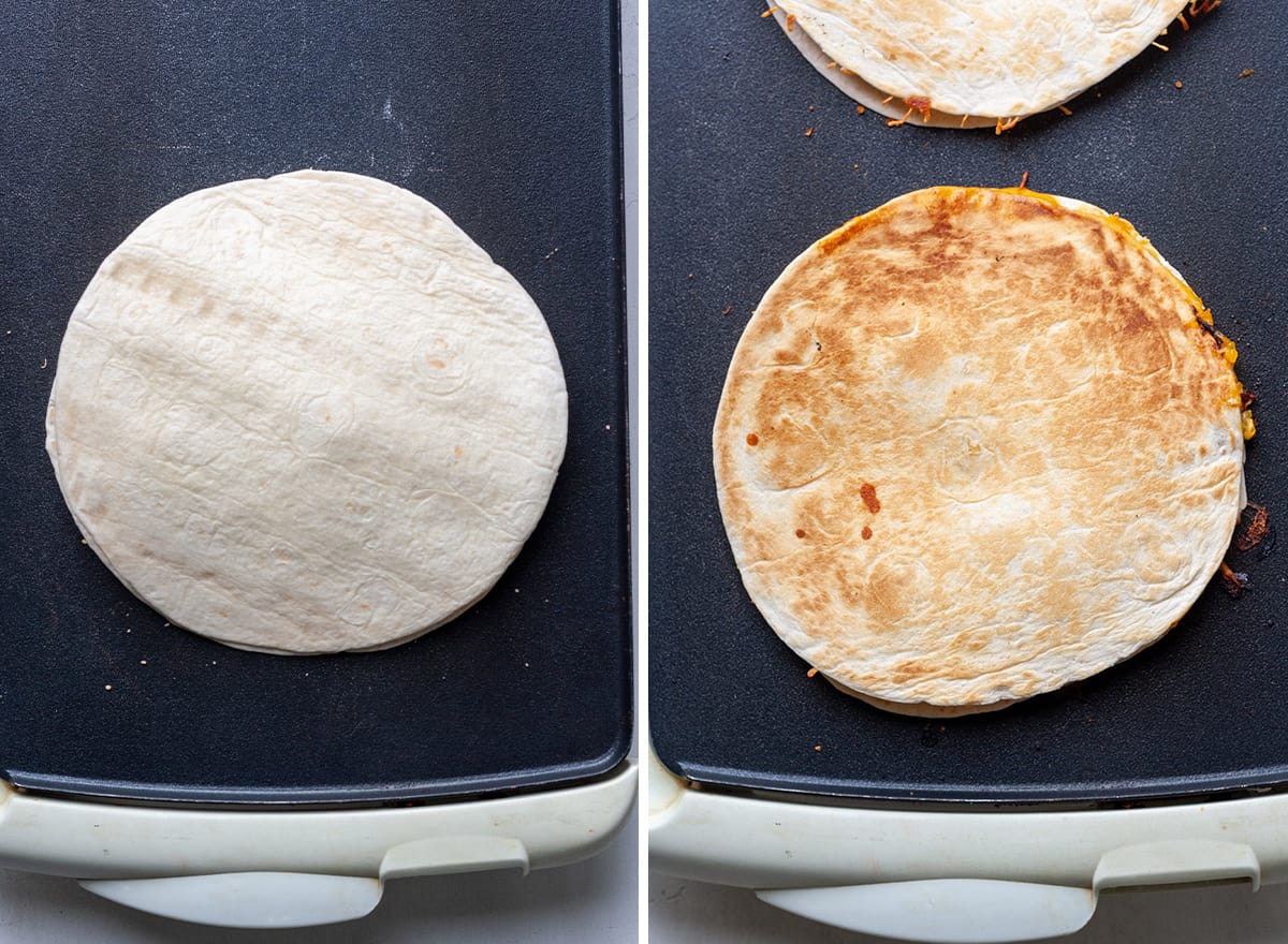 two photos showing How to Make Chicken Quesadillas - cooking the quesadillas on a griddle.