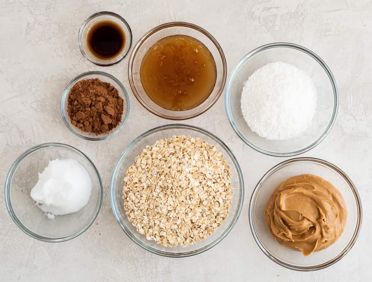 overhead photo of the ingredients in this healthy no bake cookies recipe
